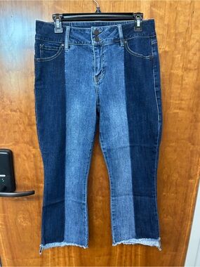 CAbi Hi Low Crop #6281 Color Block Blue Panel Cropped Jeans